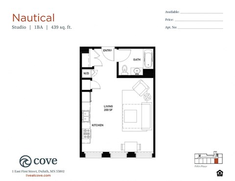 Floor plan for studio, 1 bath, 439 sqft